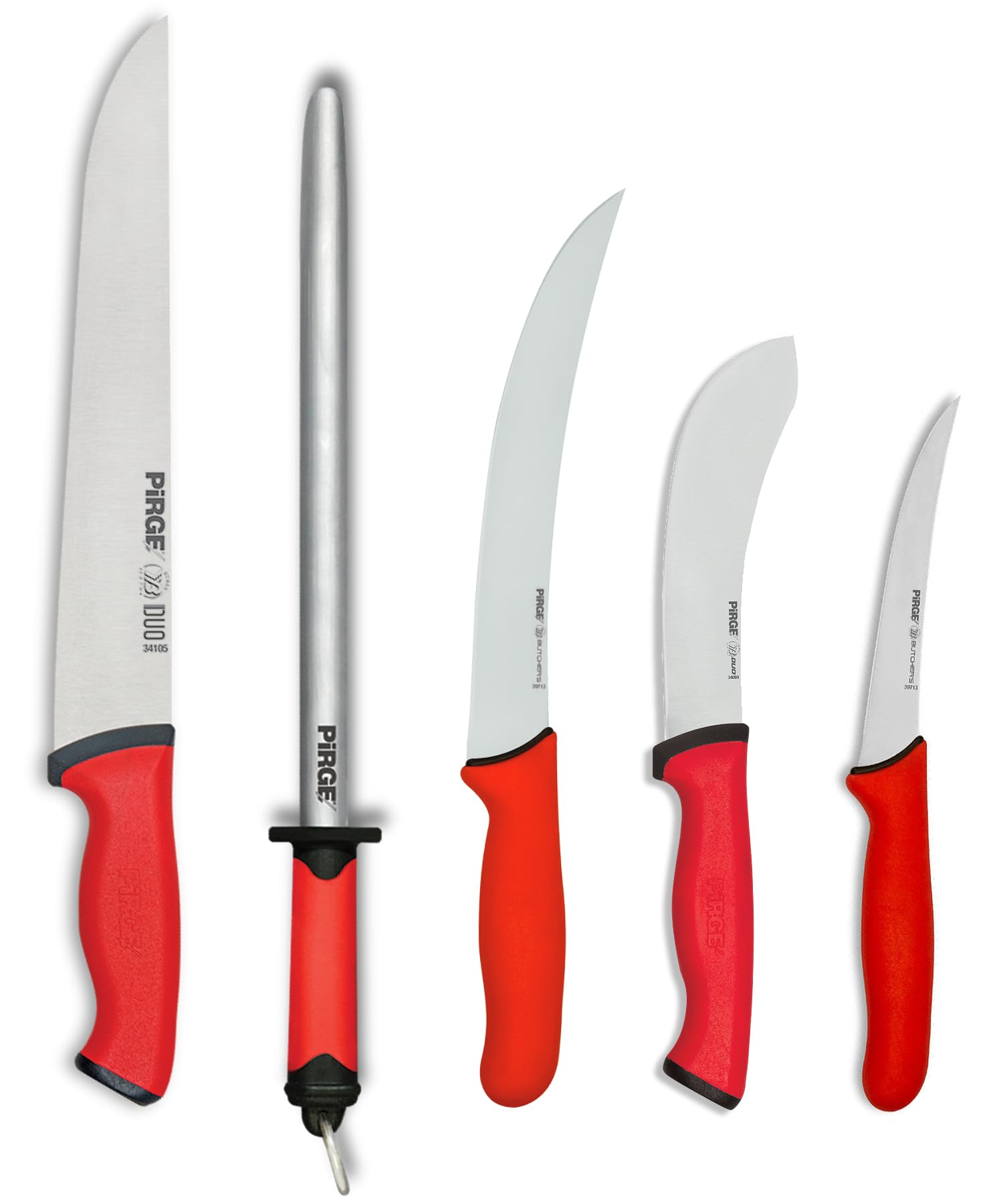 Pirge Set Coltelli da Macellaio 5 Pezzi - Macellaio 25cm, Disosso 21/13cm, Scuoiatura 15cm, Acciaino 25cm - Professionale