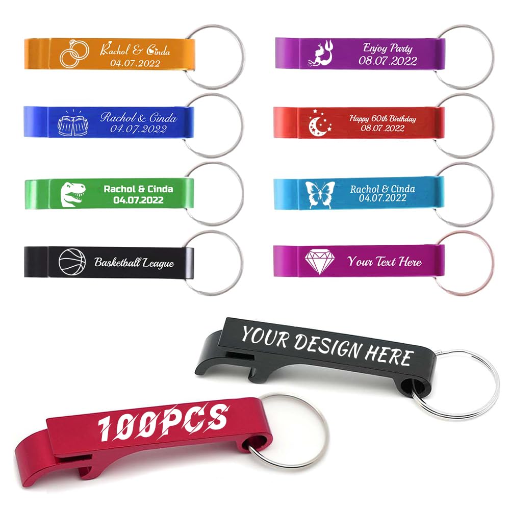 LLLGSH 100 Piezas Personalizado Llavero abrebotellas a Granel - Personalizada Abrebotellas de Cerveza - Grabado con Logotipo, Texto - Aluminio - Recuerdos de Boda para Invitados