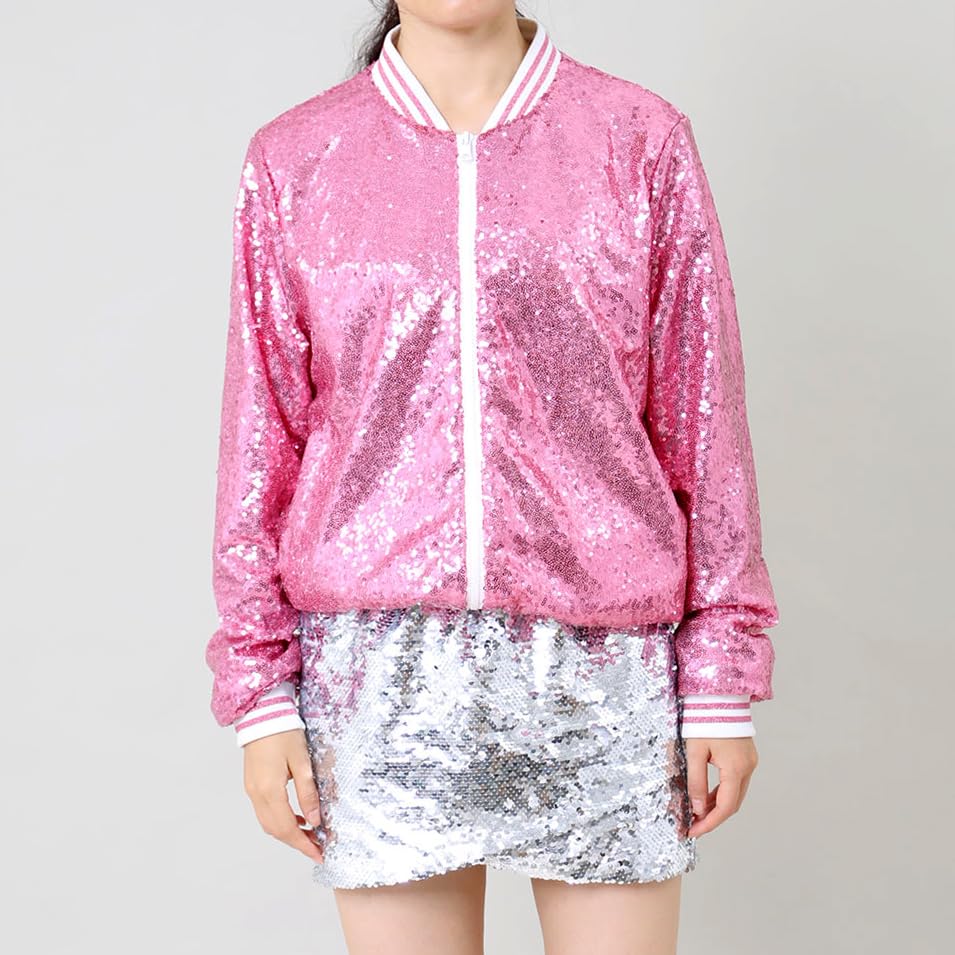A ARFAR Women Sequin Jackets Striped Collar Glitter Varsity Bomber Sparkly Coat Party Outwear Lightweight Ladies Cloth3
