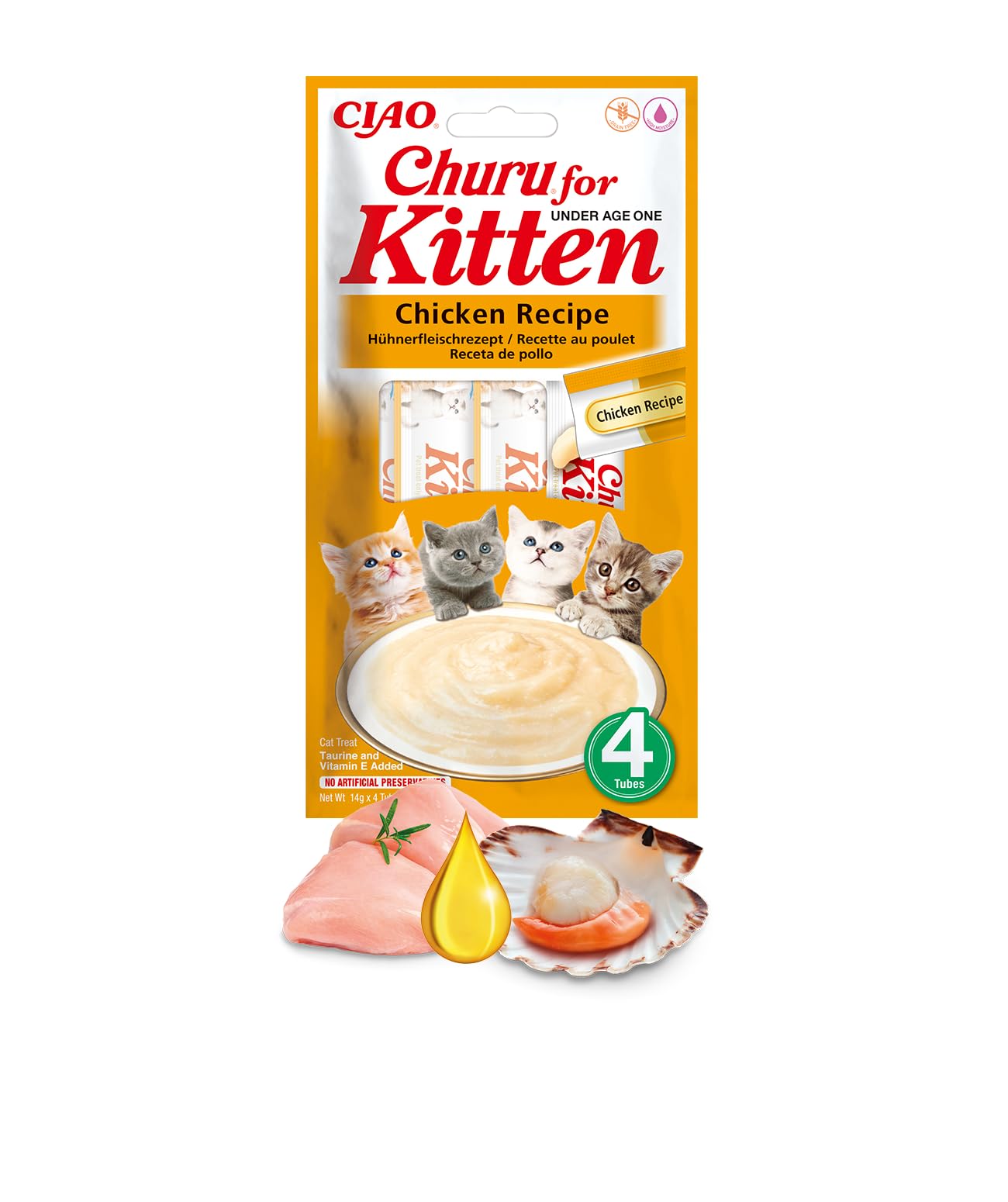 INABA Churu Kitten Gatos - Receta de Pollo - Golosinas Saludables y Naturales para Gatitos Jóvenes Menores de 12 Meses - Alto Contenido en Humedad, Textura Suave y Deliciosa - 56g (4x14g)
