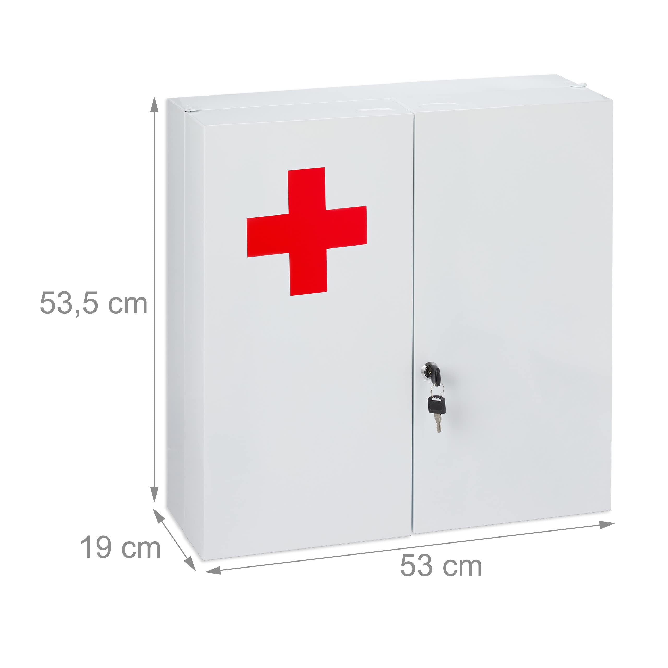 Relaxdays Armadietto Porta Medicinali, 2 Ante, per Medicine, 11 Scomparti, Richiudibile, 53,5 x 53 x 19 cm, Bianco Rosso