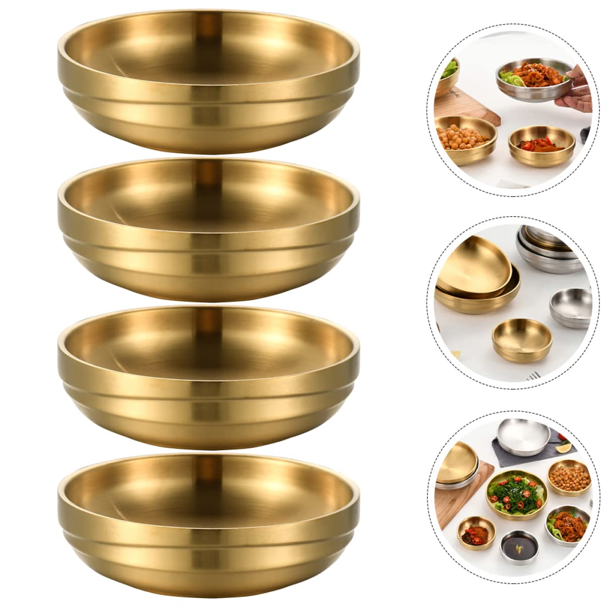Cabilock 4Pcs Stainless Steel Condiment Dishes Seasoning Plates for Dipping Sauces Snacks Fruits Double Design for Korean Dinnerware
