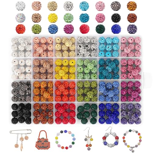 240pcs 24 Colors Rhinestone Beads for Crafts Sparkle Round Crystal Disco Ball Clay Rhinestone Beads for DIY Jewelry Making Bracelet Necklace Earring and Christmas Decoration (10mm)