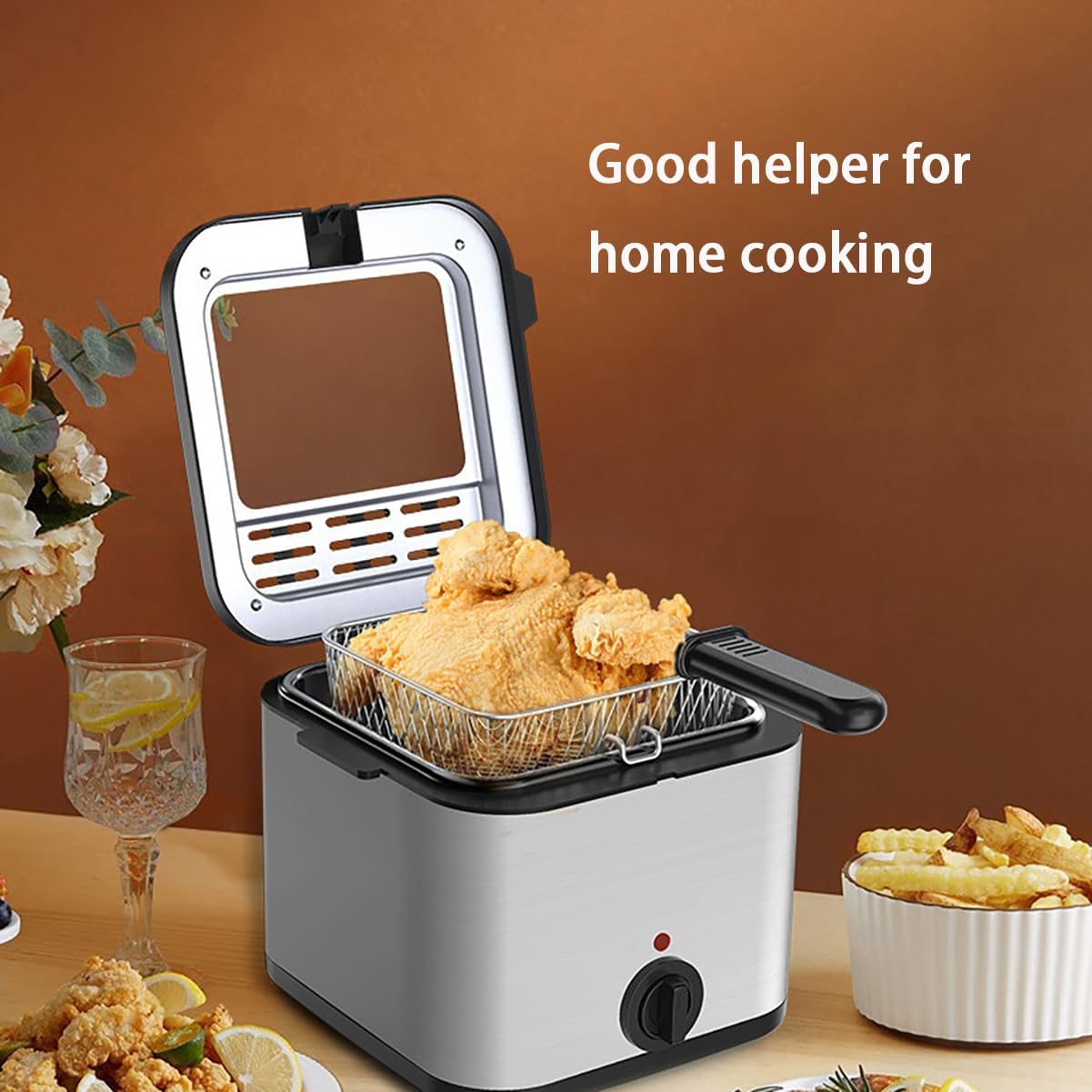 Household Electric Fryer with Basket, 2.5-Liter Small Fryer, lid with Observation Window, Adjustable Temperature,110V