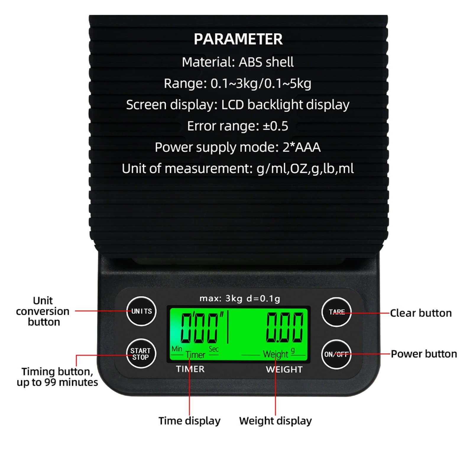 Hochpräzise Elektronische LCD-Waage, 3 Kg/0,1 G, 5, Tropfkaffeewaage Mit Timer, Tragbare Digitale Küchenwaage Genaue Messung(Black 5kg 0.1g)