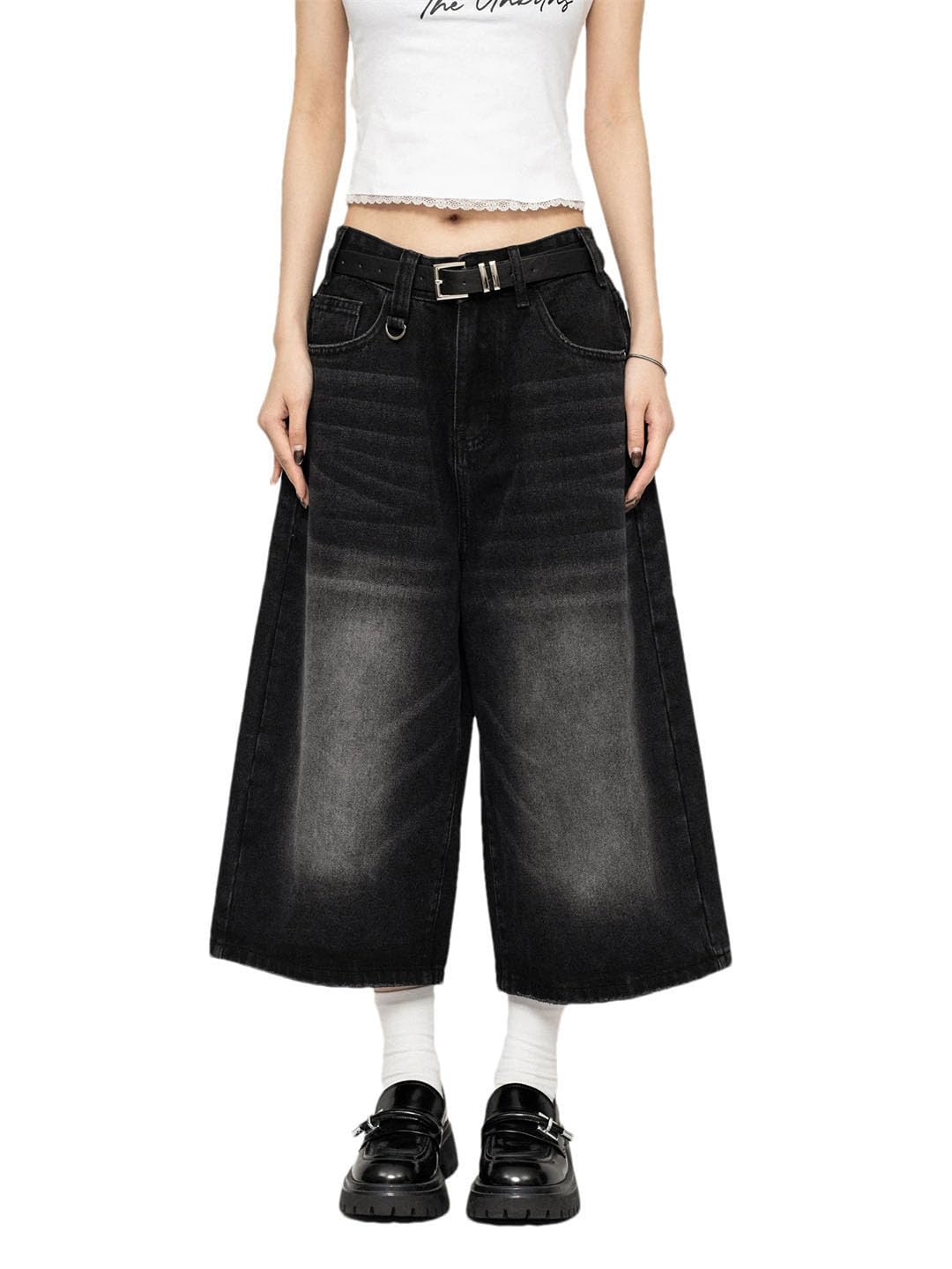 Damskie dżinsy w stylu vintage z luźnymi szerokimi nogawkami do kolan szorty oversize spodnie dżinsowe, Czarny, 3XL