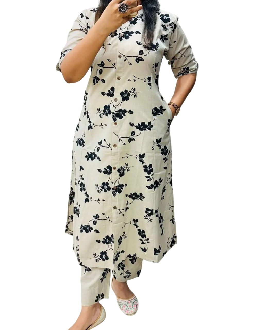 krish creation Women’s Printed Kurta Set Cotton Blend Kurta with Three-Quarter Sleeves & Matching Bottom | Comfortable Ethnic Wear-picture-14