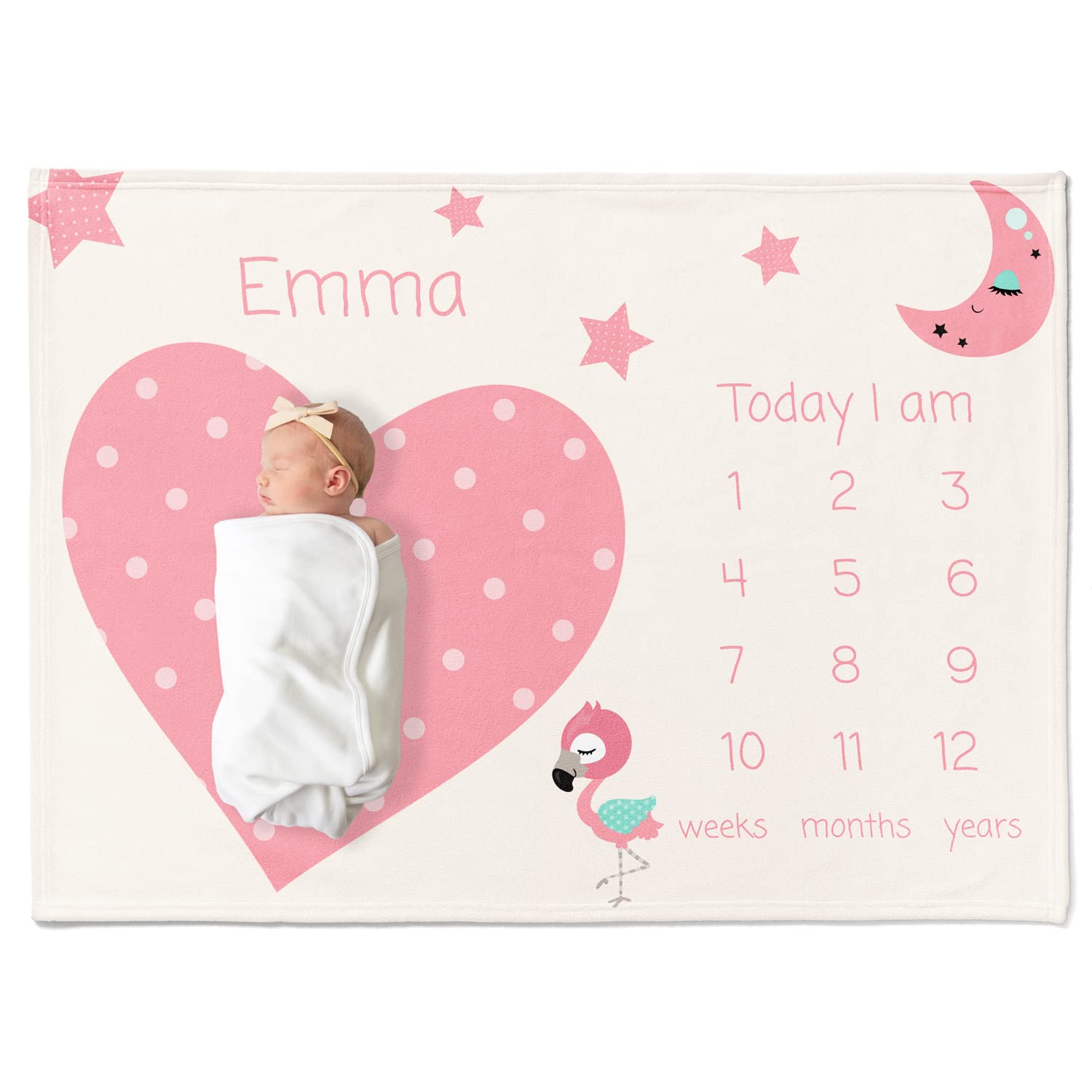 Coperta per bambini con data delle pietre miliari e motivo a forma di cuore, coperta per neonati, coperta con giorni del mense, regalo per ragazze (pois rosa)