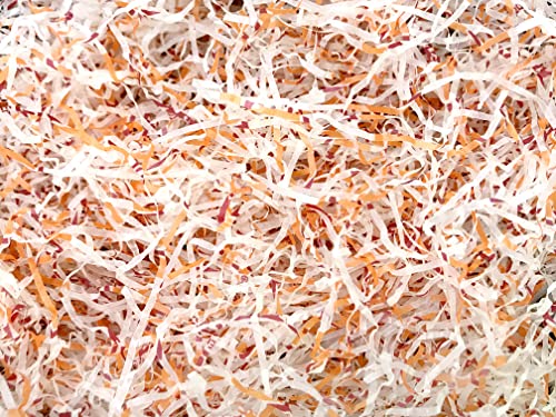 Image of Eco Sarras thin shredded paper crinkle paper grass strips gift tray decoration, gift hamper decorations, gift box fillers, wedding birthday & valentines day gift (1000 Grams / 1 KG, White and Orange)