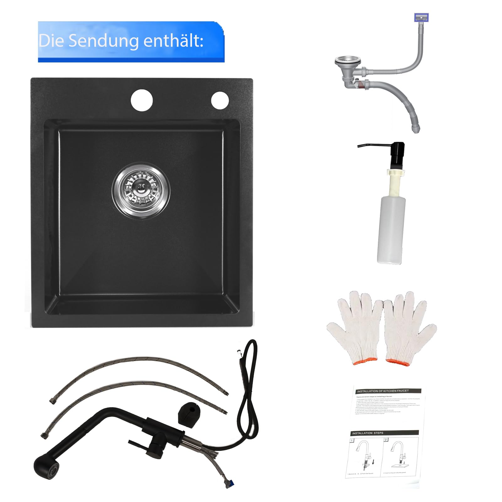 304(V2A) Edelstahl Küche Spülbecken Set 40x45cm Nano-Beschichtung | Küchenspüle mit Drehbare Ausziehbar Wasserhahn Ablaufgarnitur Stöpsel Siphon Gemüsesieb Seifenspender Sorgenfreies Set