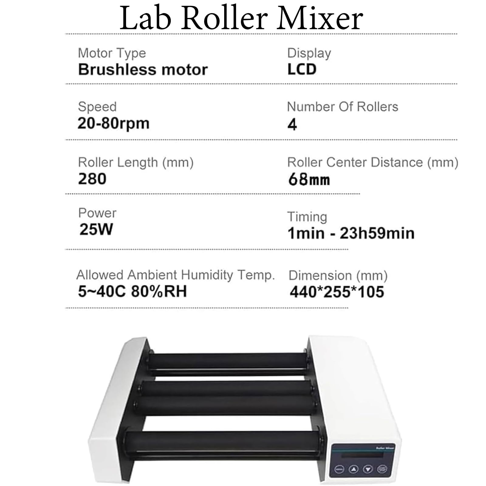 Labor Rollen Mischer, Digitaler Röhrenrotator 20-80 RPM Mit Bürstenlosem Motor Und 24H Timer, 2 kg Kapazität Für 1L Reagenzflaschen, 4 Rollen Schüttler Für 45-100 mm Gefäße