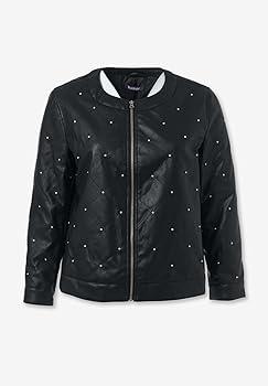 【44】RAINDROP STUDS COAT - BLACK Roaman's Women's Plus Size Studded Faux Leather Bomber - 12 W