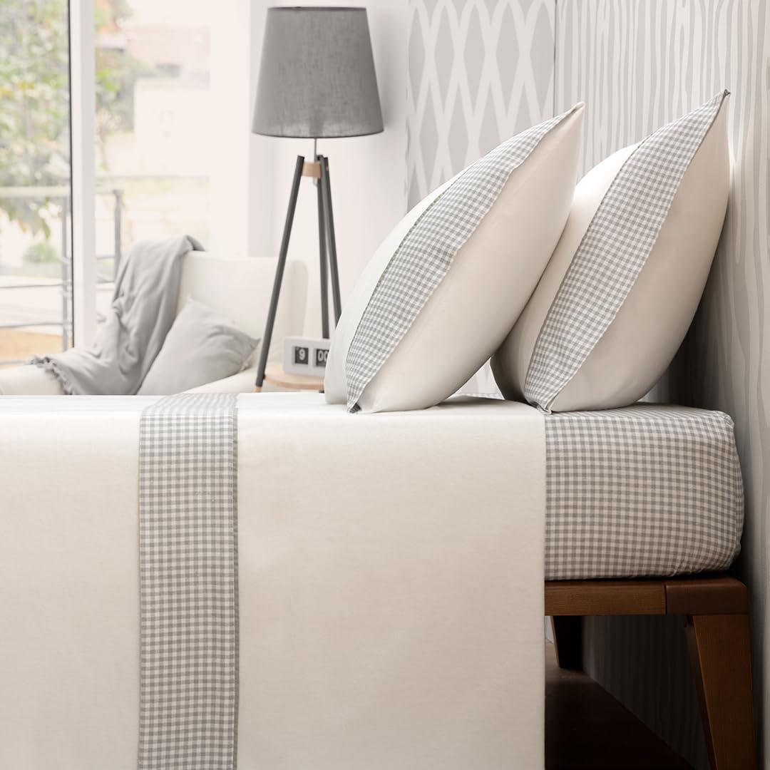 Casa da Laura - Sábanas de Franela Vichy Gris - Cama 105-3 Piezas - Sábana Encimera, Bajera y 1 Funda de Almohada Larga - Sábanas Cálidas, Suaves y Resistentes