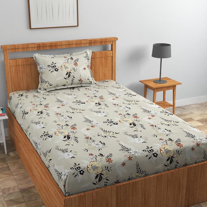 Image of Cotton 210 tc Flat Single | Diwan | Single Mattress Coat Bed Bedsheets for Summer Winter Breathable | Wrinkle Free (Size-60 X 90 Inch) with 1 Pillow Cover 60 x 90 Inches, Floral, Off White