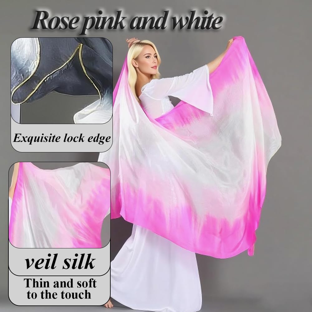 Women's Real Silk Belly Dance Veils 2.5x1.14m/98"x45"and Hand Scarves Gradual Colors Dance Silk Veils - Image 4