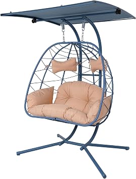 Double Egg Chair Outdoor with Canopy, 2 Person Egg Chair Outdoor with Removable Cushions, Outdoor Hanging Chair, 660LBS Capacity for Patio Balcony Blue Frame Beige Cushion