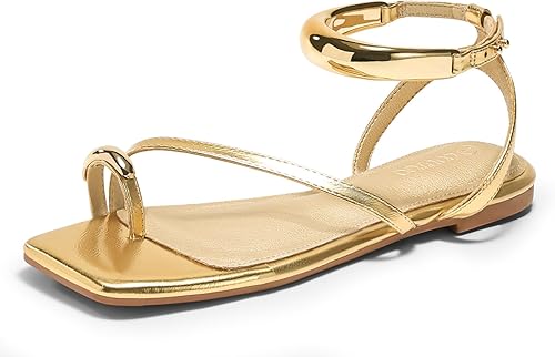 Coutgo Sandalias planas con tiras para mujer, sandalias con anillo de punta abierta, correa de tobillo de metal, zapatos de playa de verano