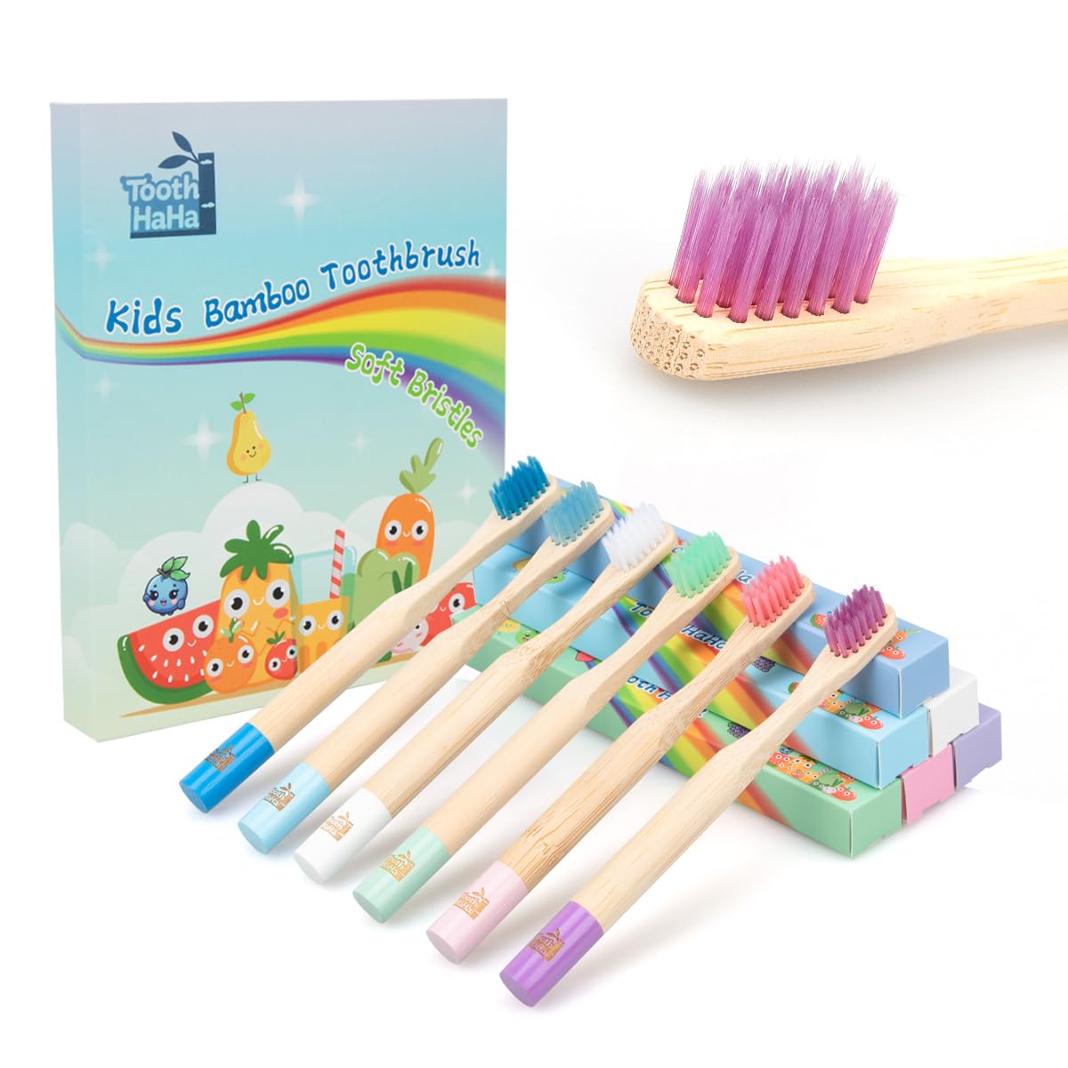 Kids Bamboo Toothbrushes BPA-Free Soft Bristles Eco-Friendly Natural Wooden Toddler Toothbrush 6-Pack Travel Toothbrushes Set for Children