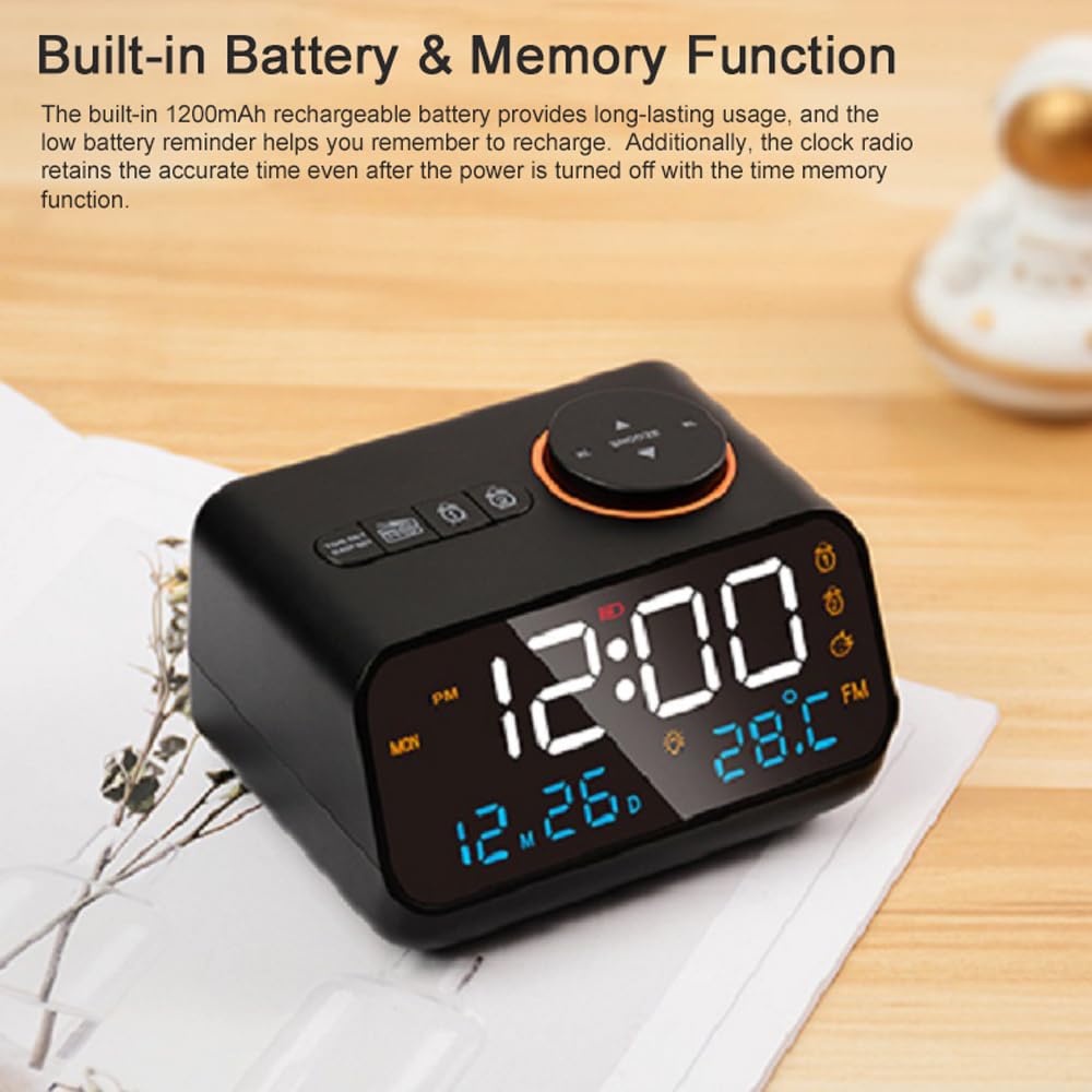 Réveil multifonction avec radio FM, horloge numérique LED rechargeable avec affichage de la température et de l'humidité, prend en charge l'activation du son, la luminosité / le volume réglable