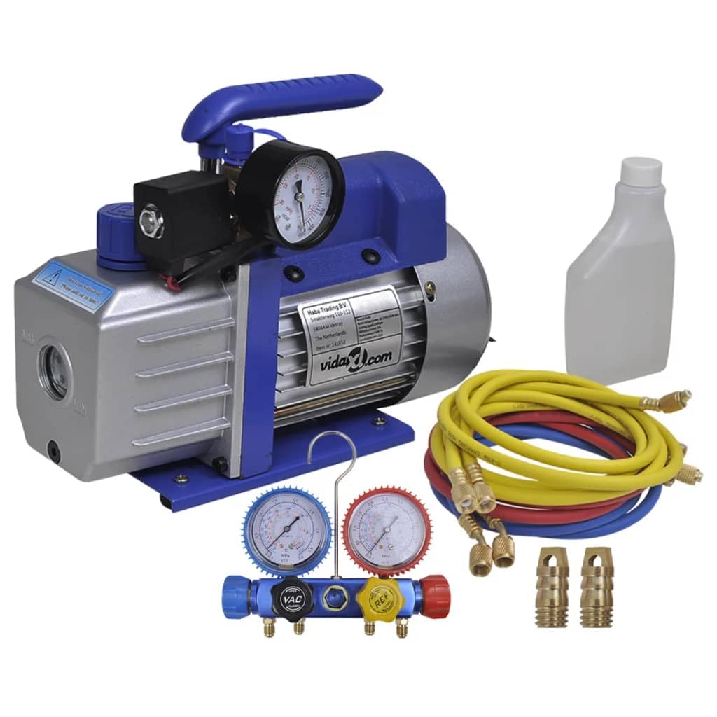 Pompa a vuoto monostadio con manometro e set di manometro a 4 vie in alluminio, potenza 250 W, potenza di aspirazione 71 l/min, con 4 tubi di riempimento per condizionatori, refrigeratori