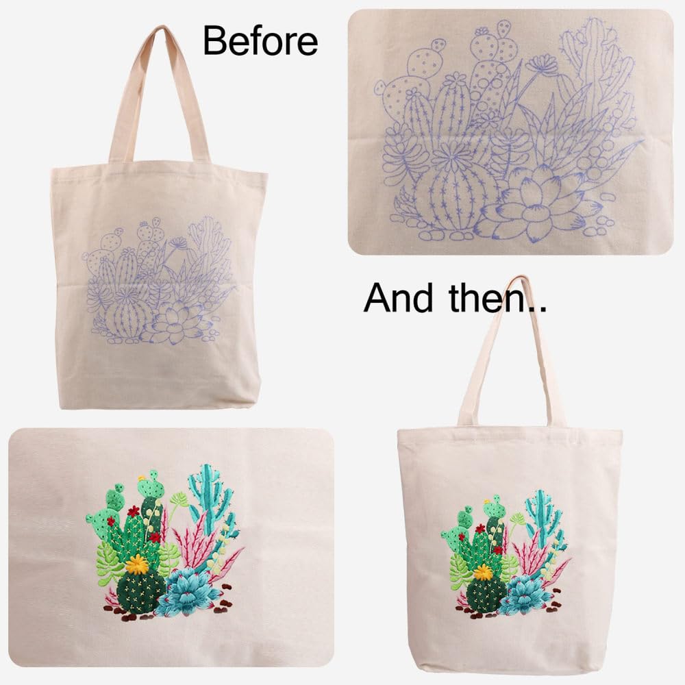 DIYARTS Canvas Bag Borduurkit, DIY Borduurwerk Starter kit, Canvas Tote tas met bloem patroon, Borduurhoepel, draden en naaien spelden, Kruissteek Kits voor volwassenen Starter Beginners, Wit