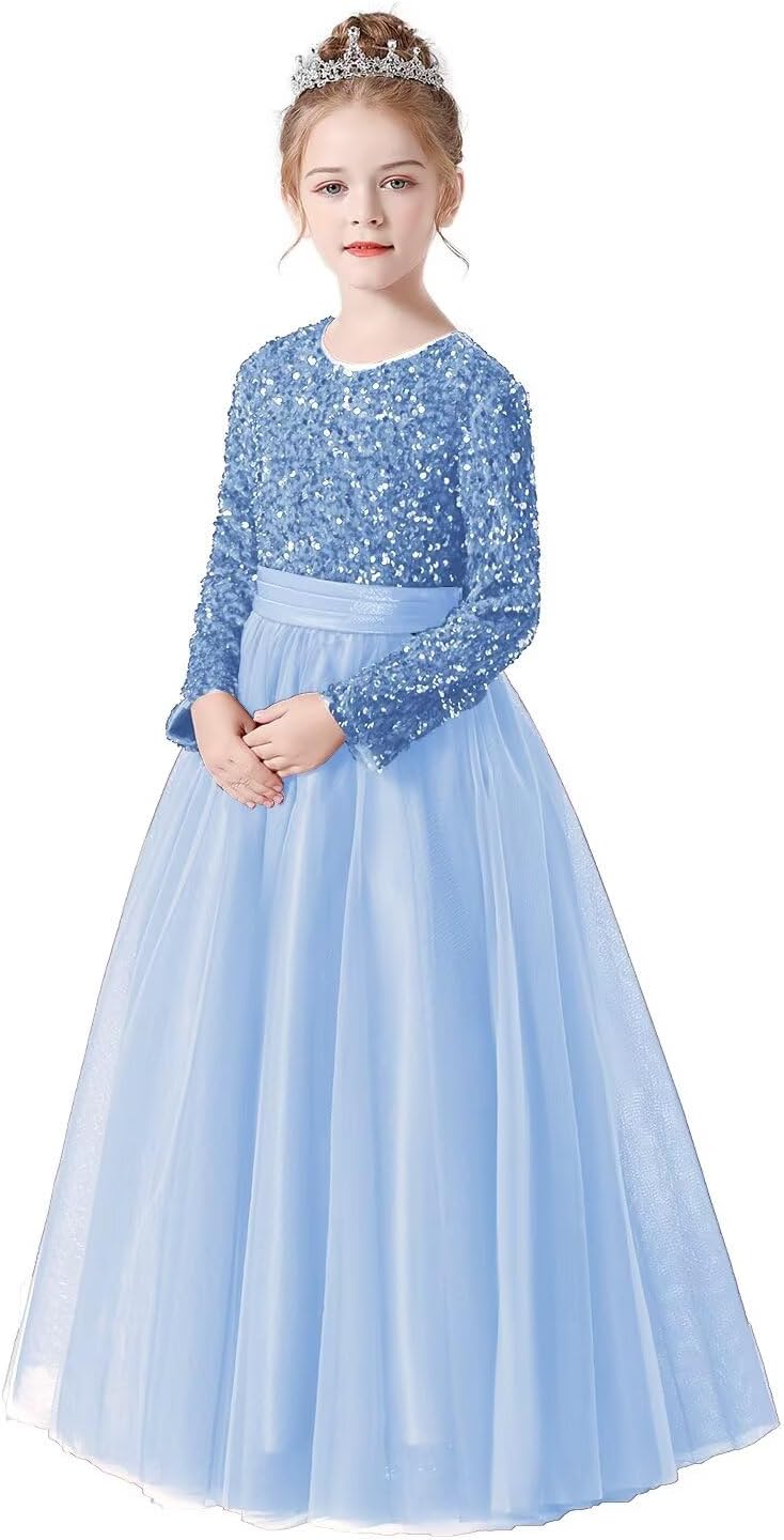 dideyttawl Long Sleeves Flower Girls Dress Junior Bridesmaids Dresses Tulle Sequin Ball Gown for Girl 4-16 647