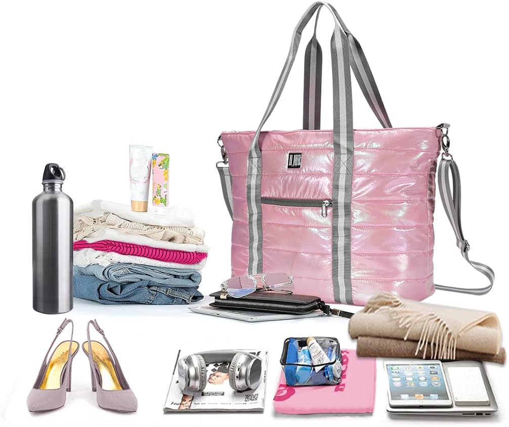 Women Tote Bag, Quilted Puffer Work Shoulder Bag with Laptop Compartment Trolley Sleeve, Large Puffy Travel Handbag - Image 5