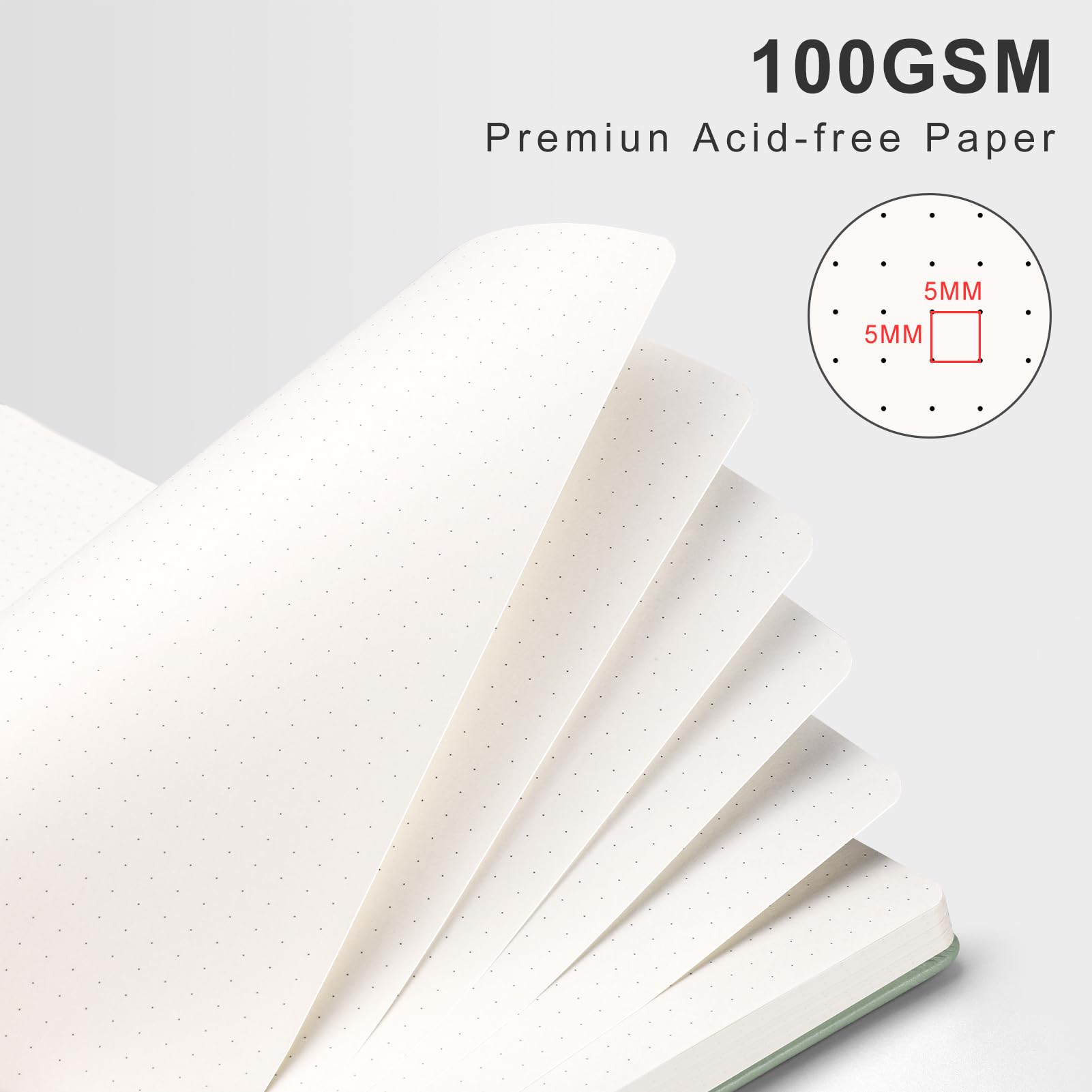 AHGXG Gepunktetes Tagebuch, 140 Seiten, A5 (14,5 x 21,1 cm) | Spiral Dotted Notizbuch, Leder-Hardcover, 100 g/m² dickes Punktrasterpapier, Innentasche, für Journaling (Salbeigrün)