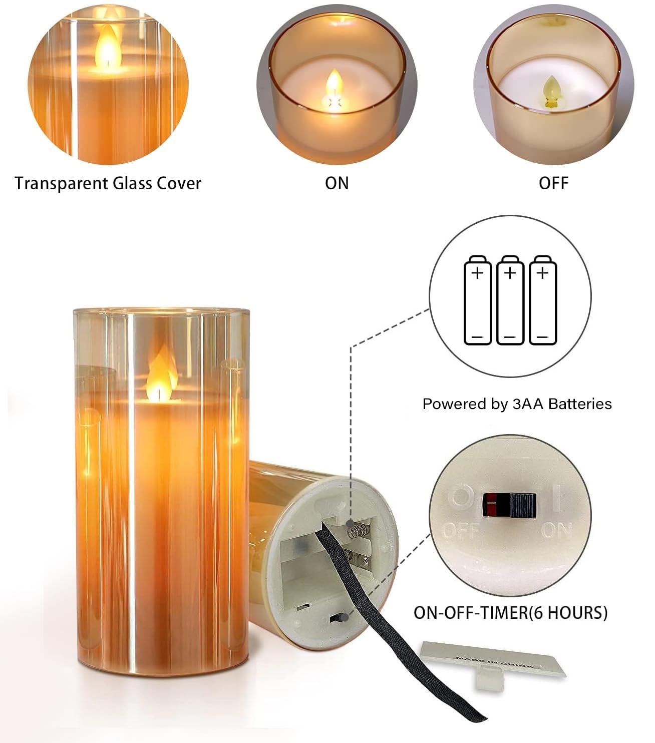 Pack 4 - LED Glass Cup Pillar Candle | Real Wax | Flameless Electric Candles with Flickering Faux Wick | Amber Color Glass | Battery Powered with Remote Controller for Home Decor (H-6" x D-3") 4