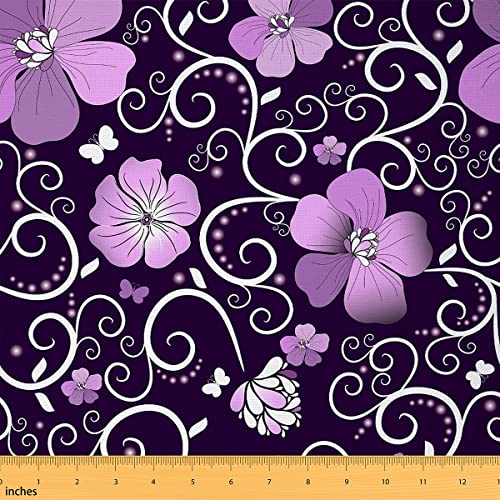 Floral Fabric by The Yard, Purple Flower Upholstery Fabric for Chairs, Butterfly Silhouettes Plant Decorative Fabric, Chic Blossom Petal Indoor Outdoor Fabric, Purple White, 1 Yard