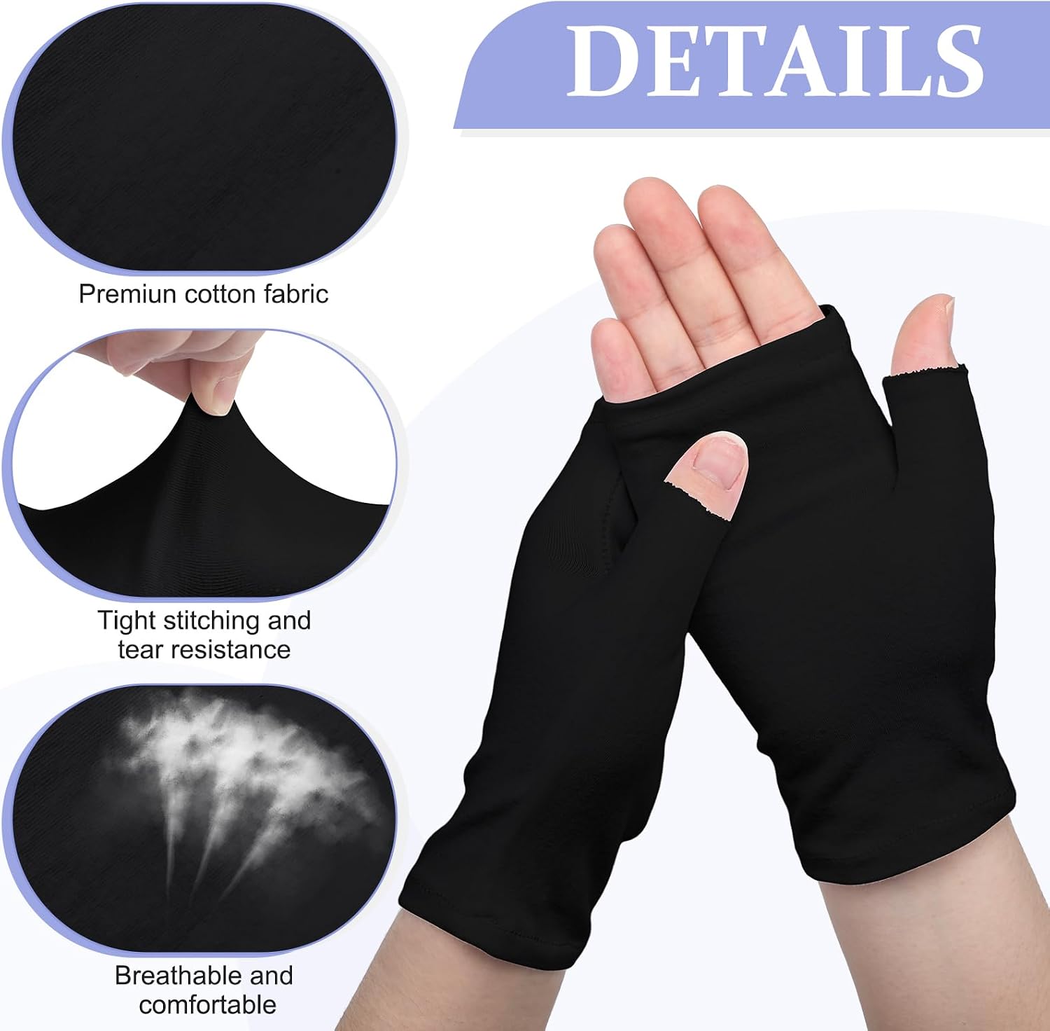 6 Pairs Fingerless Eczema Gloves Moisturizing for Adults Cotton Overnight Dry Hands(Black)