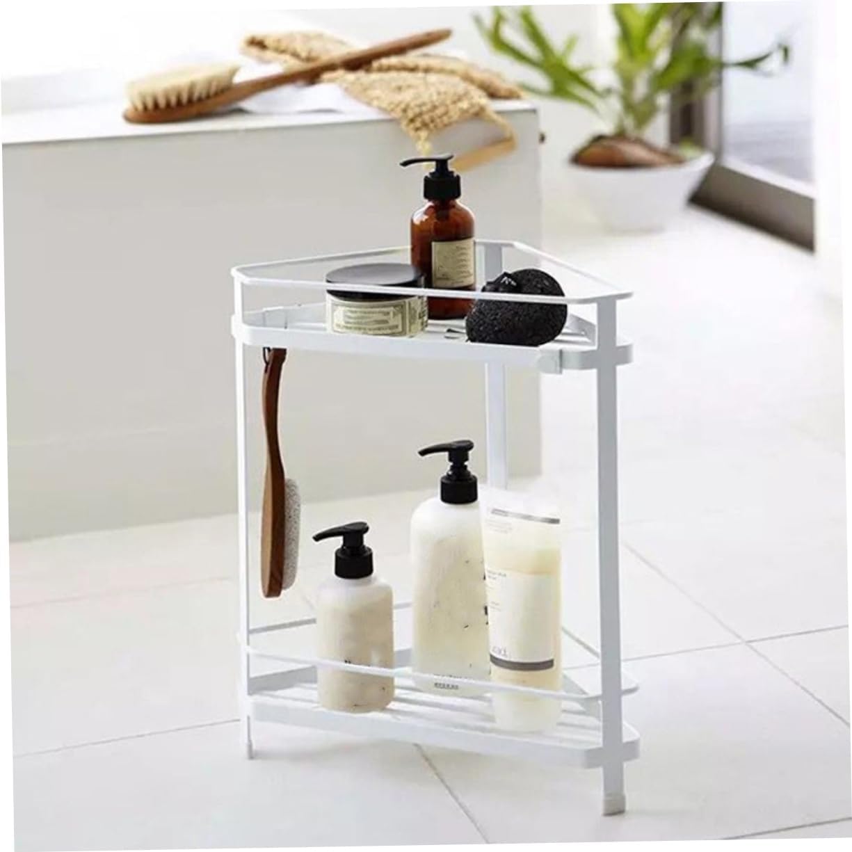 ABOOFAN Iron Art Double Layer Corner Storage Rack Multi Functional Toiletries Organizer for Kitchen Bathroom Living Room and Office White