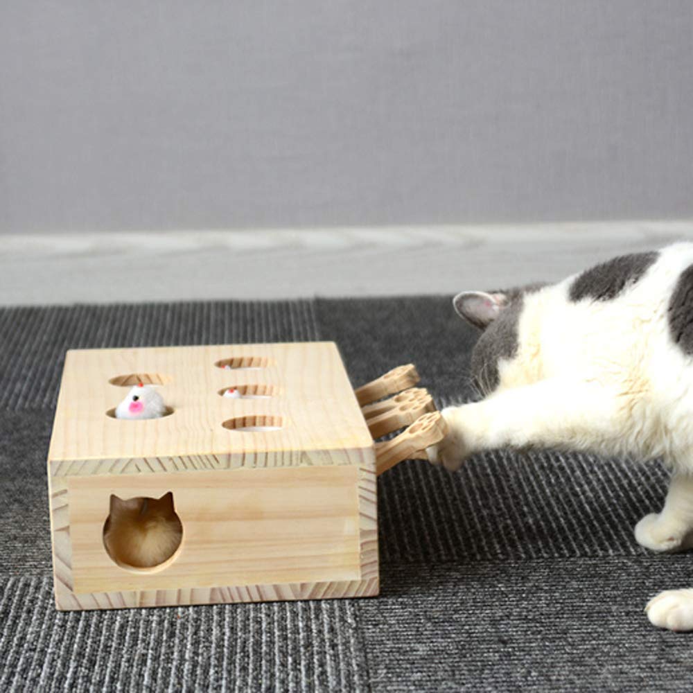 Jouet interactif pour Chat, Bois, Jouet, Taupe Souris, boîte à Puzzle avec Jouets de Dessin animé Mignon pour Chat, Chasse, Jeu, Exercice, gratter - 5 Trous,A
