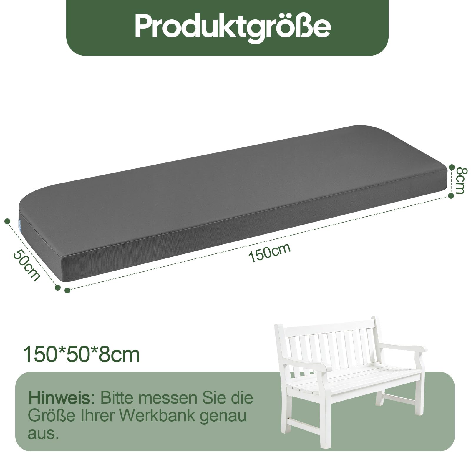 Bankauflage Outdoor 150x50x8 cm Wasserdicht Grau | Abnehmbarer Waschbarer Bezug, Passend für Gartenbank, Schaukel und Innenhof, Sitzkissen für Balkon & Gartenmöbel