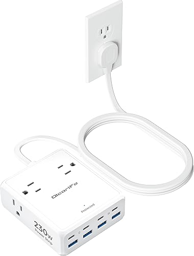 Regleta USB de 230 W, cable de extensión de enchufe plano de 5 pies con 4 salidas de CA, 8 puertos USB (4 USB C y 4 USB A), protector de