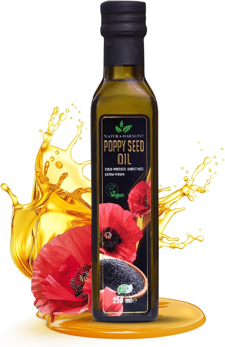 Poppy Seed Oil 250 ml | Cold-Pressed & Unrefined Extra Virgin Edible Oil | Mild, Nutty Flavour for Salads, Baking & Dressings | Vegan | Dark Glass Bottle