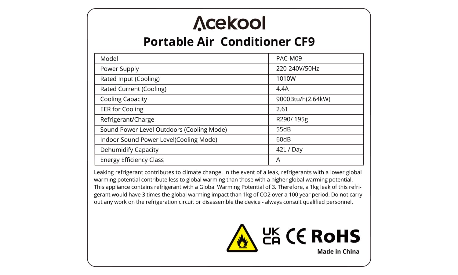 Air Conditioners 9000BTU Acekool 3 In1 Portable Air Conditioner, Dehumidifier 42L/Day, Cooler