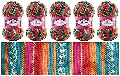 Alize Sock Yarn 5x100g Superwash Comfort Socks Wool 420 m Batik Self-Patterning Multicolour Yarn for Knitting and Crochet Sweater Vest Cardigan Blouse Scarve Hat Beanie Bootie Mitten Beret (7839)