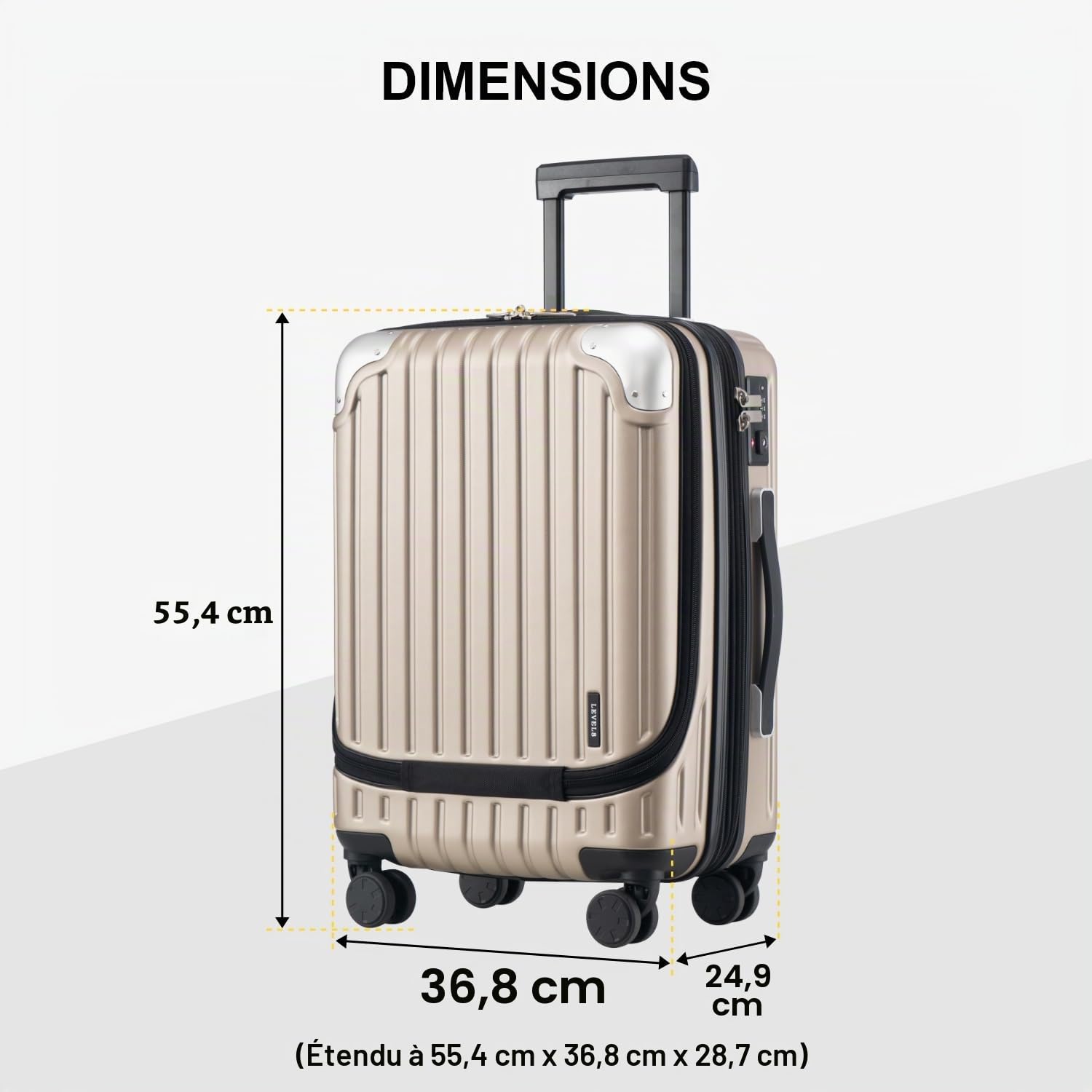LEVEL8 Valise Cabine Extensible ABS+PC Bagage à Main Trolley Rigide Bagages Cabine avec 4 roulettes Doubles Pivotantes et Serrure TSA, 55x37x25CM, 42L, Champagne