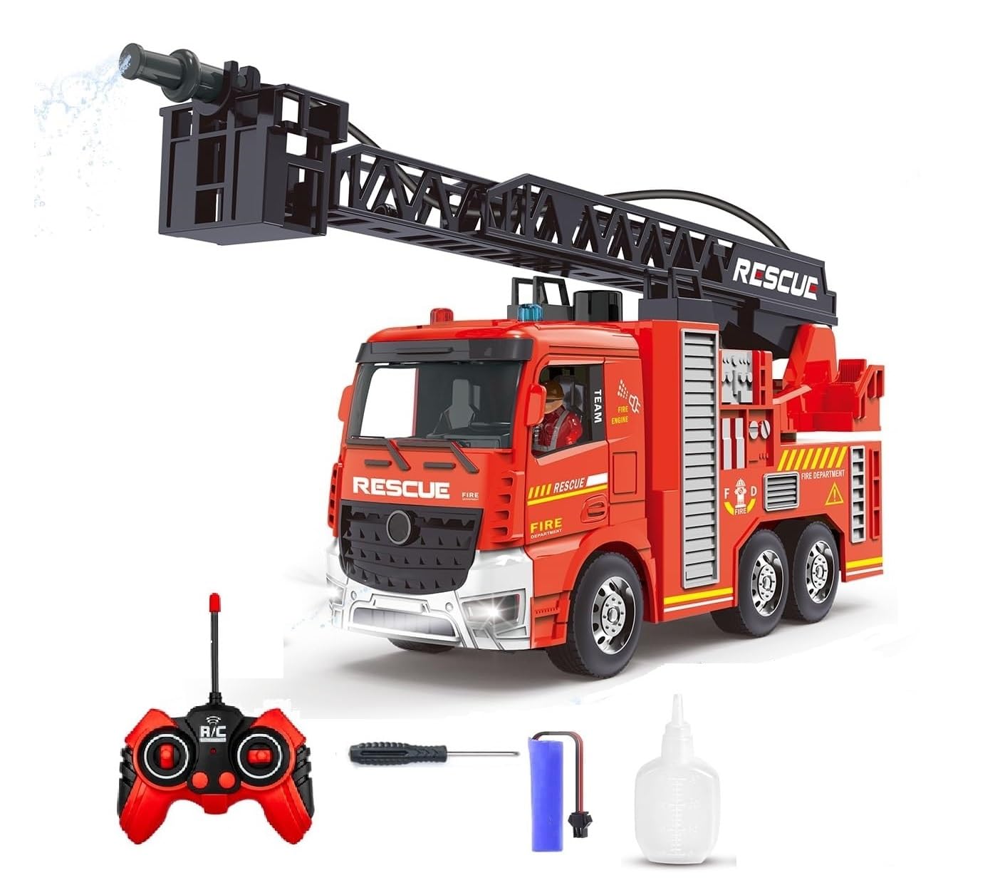 IndusBay® 6 Channel Fully Functional Rechargeable RC Remote Control Fire Briage Fire Fighter Rescue Truck Toy with Working Head Light, Sound Effect and Working Water Spray Cannon for Kids, Red-image-5
