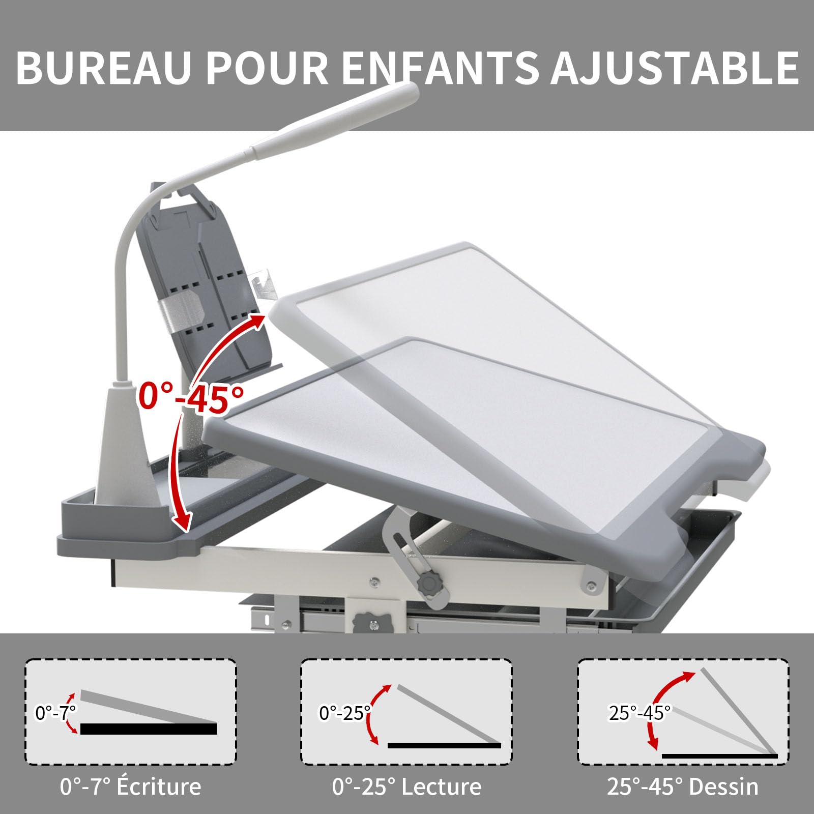 Ensemble Bureau et Chaise pour Enfants 3 à 12 Ans Chaise Bureau Enfant Fonctionnelle Hauteur Réglable Plateau Inclinable à 45° Lampe Led Support de Lecture Boîte à Stylos Tiroir et Porte-gobelet, Gris