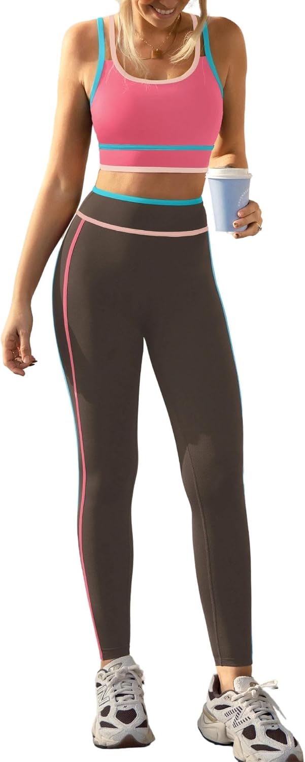 popvil Womens Two Piece Workout Sets Cross Back Sports Bra High Waisted Leggings Gym Yoga Pilates Outfits For Women