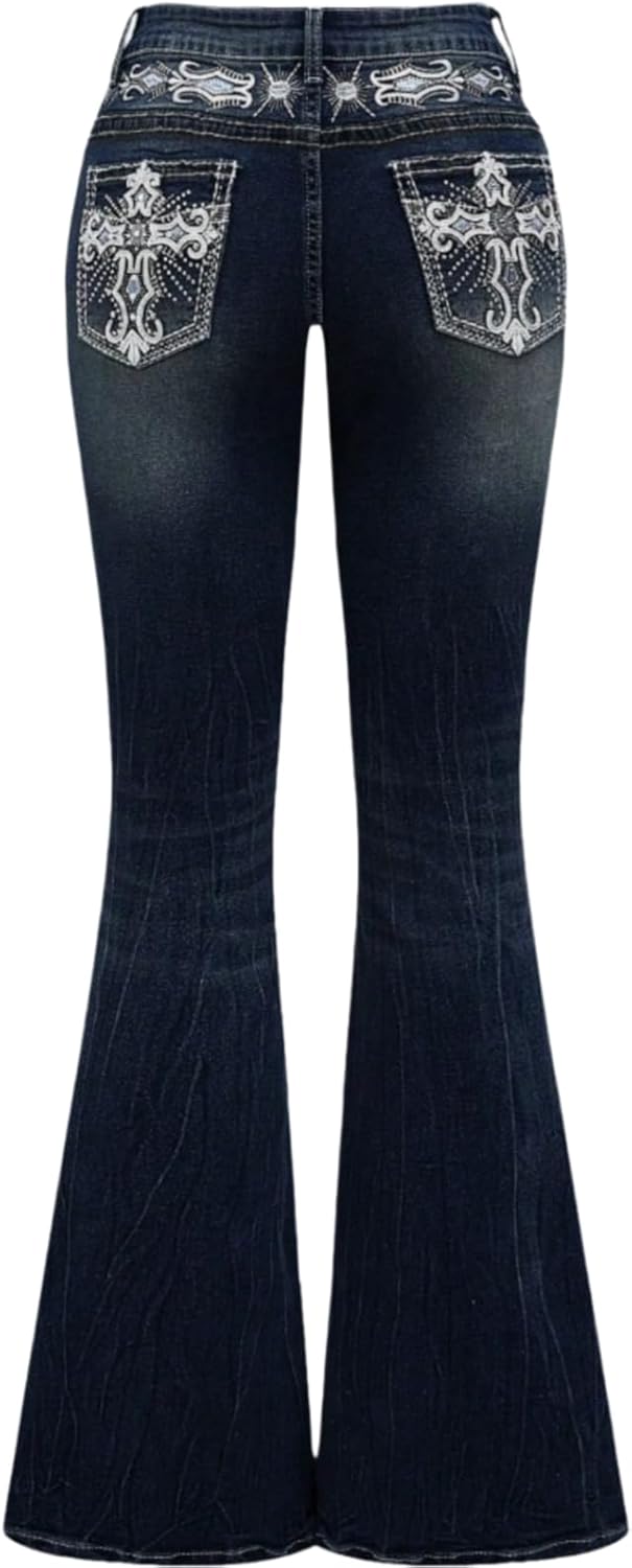 Women's Mid Rise Stretchy Flare Jeans - Y2k Style Embellished Embroidered Denim Pants with Rhinestones