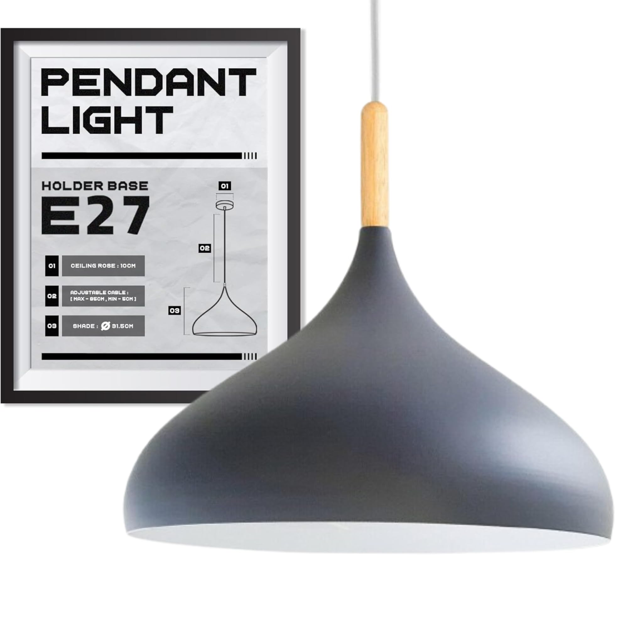 Ledsone Grey Modern Light Pendant Ceiling Lamp Adjustable Height Metal Shades 31.5Cm Bar Nordic Style Hanging Fixture For Dining Room, Kitchen Island, Living Room, Bedroom