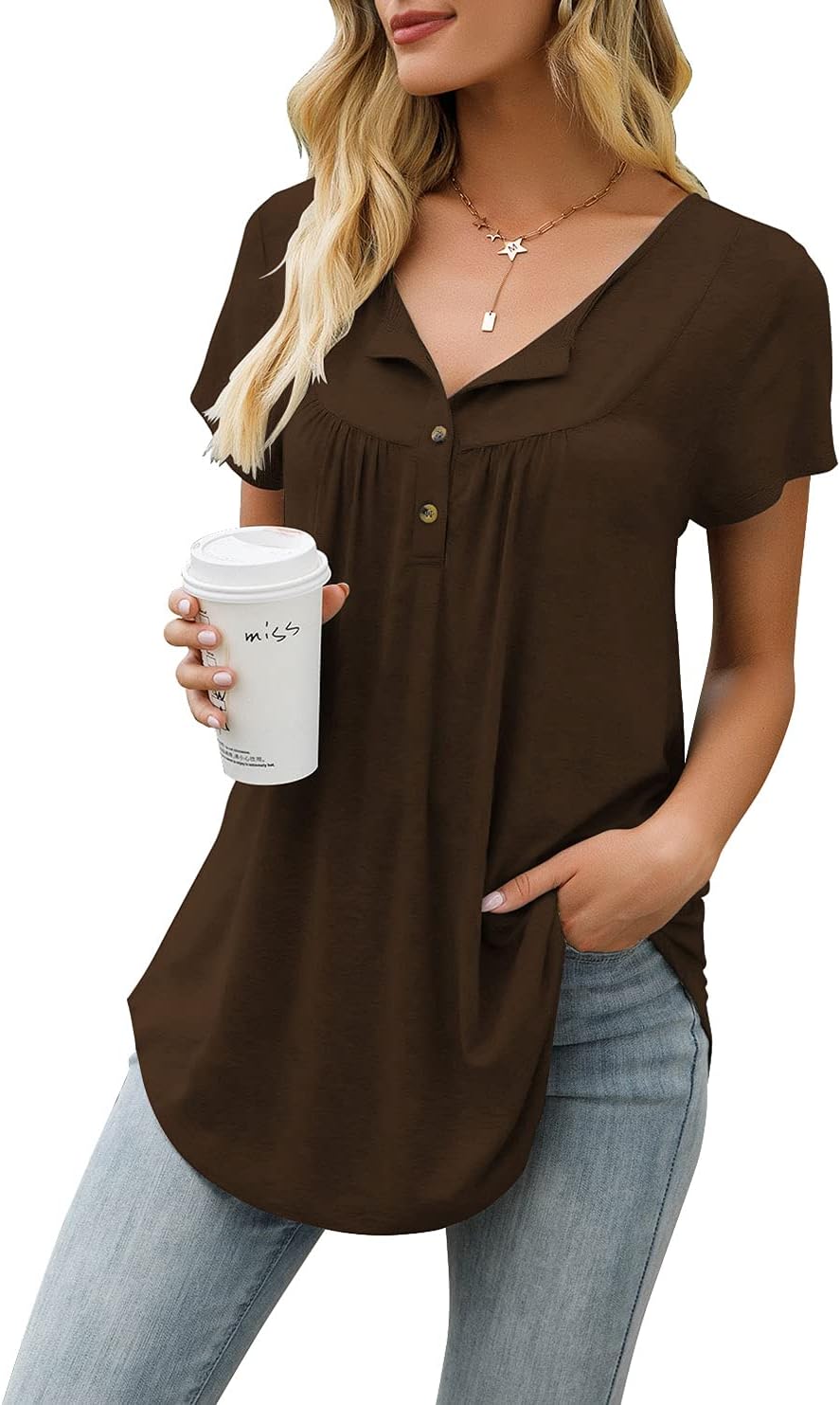 AMCLOS Womens Tie-Dye Tops V Neck Soft T-Shirts Flowy Pleats Tunic Button up Casual Blouses Summer Short Sleeve