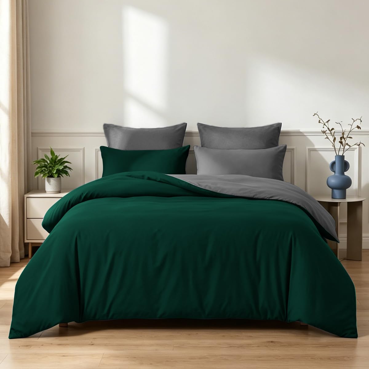 Soifox Double Bed Duvet Cover Sets, 3 Piece Microfiber Reversible Double Bedding Bed Set Dark Green and Dark Grey, Soft and Non Iron Quilt Duvet Cover with 2 Pillowcases 50x75cm