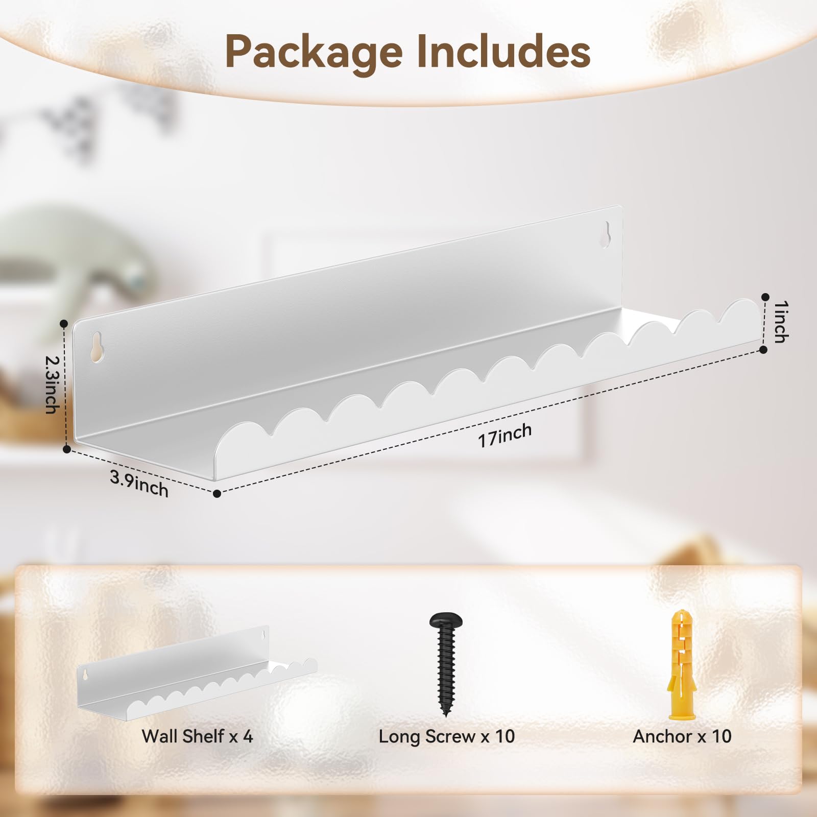 Gattlukd Nursery Book Shelves, 17 Inch White Metal Floating Shelves for Wall 4 Pack, Wall Mounted Book Shelf for Kids Room, Bedroom, Bathroom, Playroom Decor