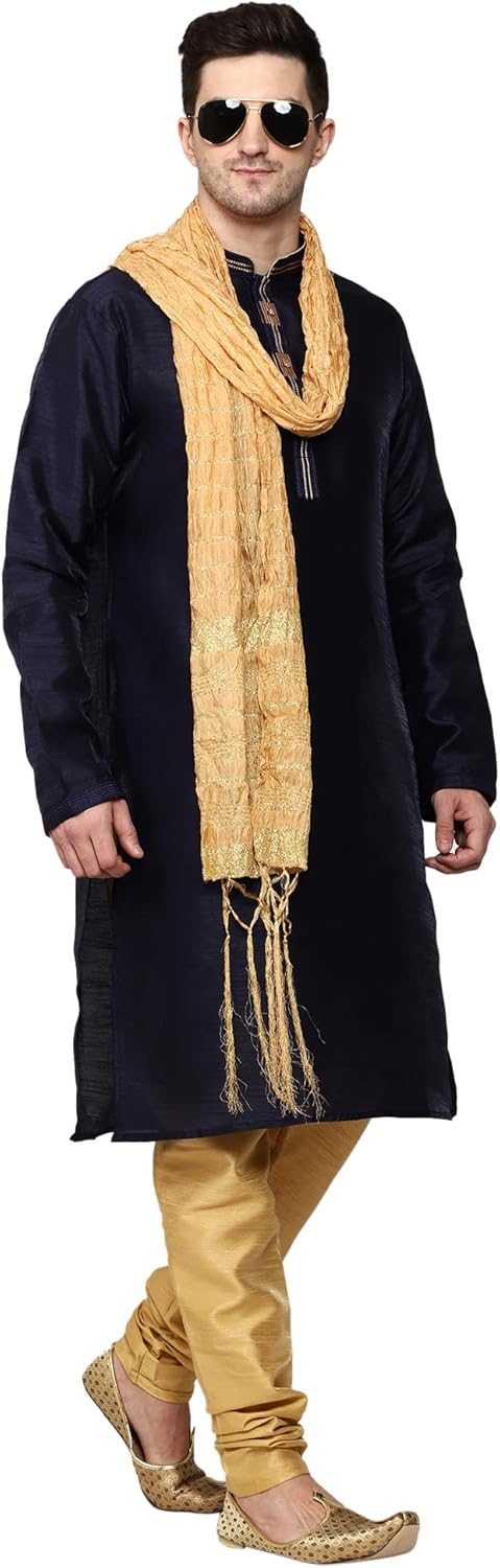 Men's Tunic Art Silk Kurta Pajama and Scarf Suit Set Indian Clothing Wedding Party Dress Gifts Items