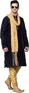 Men's Tunic Art Silk Kurta Pajama and Scarf Suit Set Indian Clothing Wedding Party