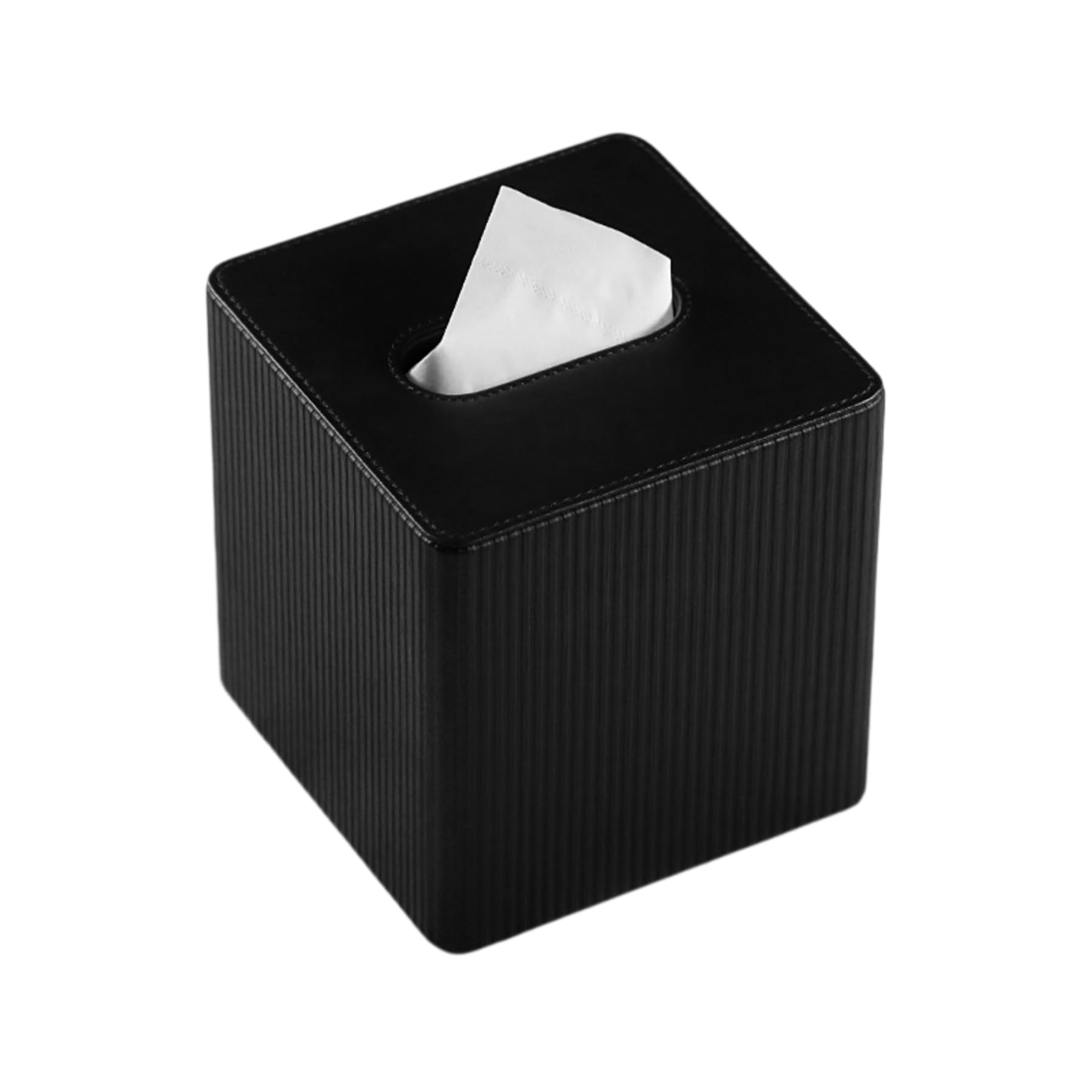 Square PU Leather Tissue Box Cover, Ribbed & Smooth Finishes, 6 Colors, for Standard Cube Tissues-Black Vertical Stripes
